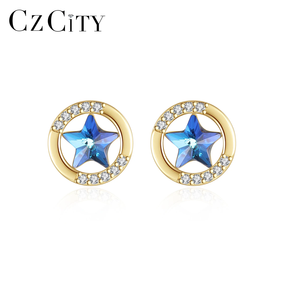 

LUOTEEMI Gold Plated Stud Round Elegant Star 925 Silver Hot Sale Zircon Small Earing For Girl Blue Crystal Earrings