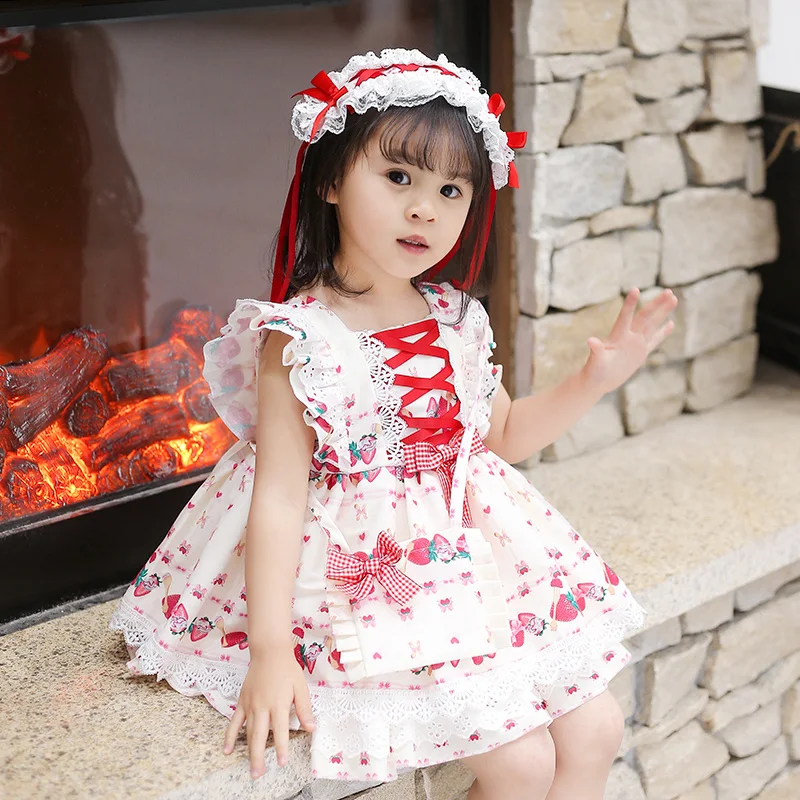 

Wholesale New Born Girl Party Dress Court Style Hollow Embroidery Floral Printed Royal Lolita Spanish Baby Dress, Red