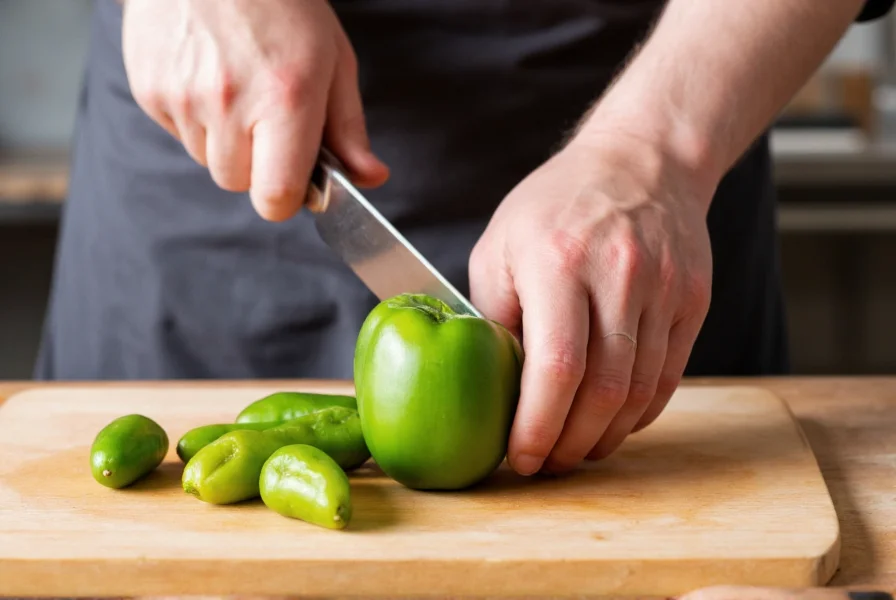 Professional chef demonstrating proper grip while cutting green bell pepper on wooden cutting board