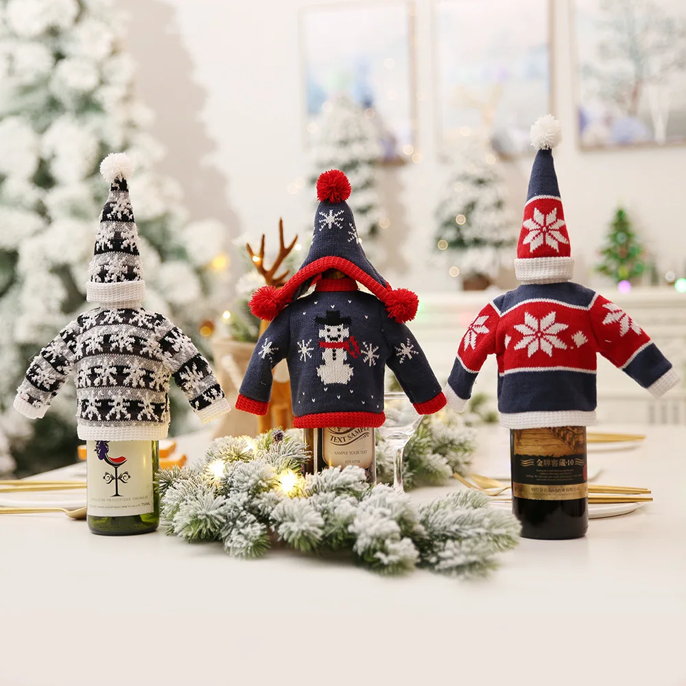 

Knitted wool christmas wine bottle cover bag`ornament with hat christmas table decoration