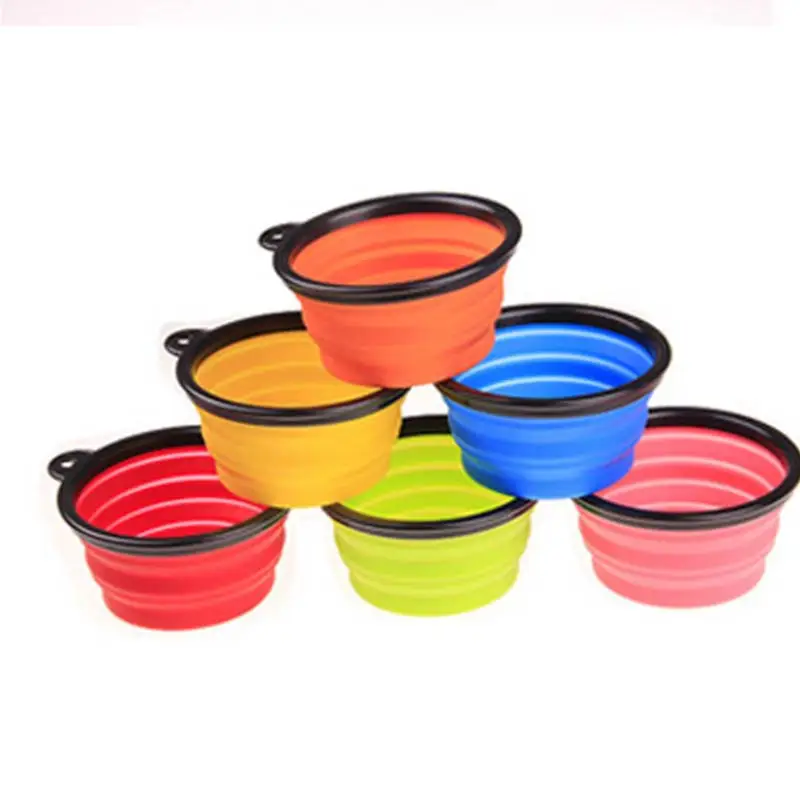 

Popular Custom Round Foldable Silicone Drinking Container Food Feeder Dog Bowl With Carabiner, Red,yellow,blue,green,orange,pink,black