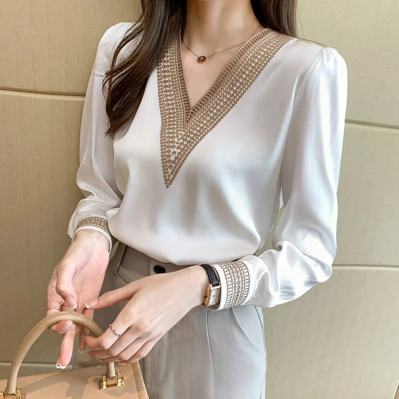 

Wholesale Spring 2021 New Chiffon V-neck Korean Style Wild Fashion Casual Temperament Long-sleeved Women Shirts