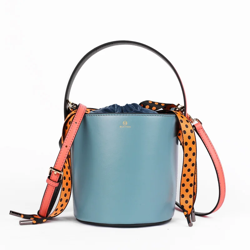 

Bucket Bag Genuine Leather Women Crossbody Tote Bag Ladies Bucket Handbag, Blue, brown
