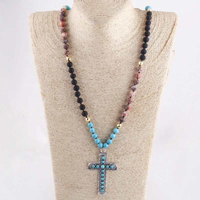 

New Bohemian Jewelry 8mm Multi Natural Stone Knotted Lava Turquoise Blue Cross Necklace