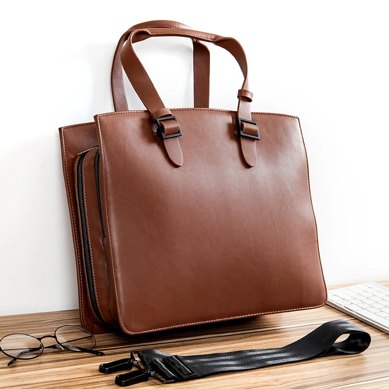 

Fashion leather ladies men briefcase professional business laptop tablet computer briefcase bag Multifunction Multiple mezzanine, Brown