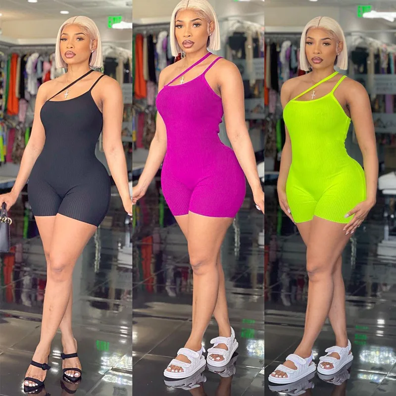 

H7179 - new arrival women sexy knit sleeveless solid color one shoulder rompers