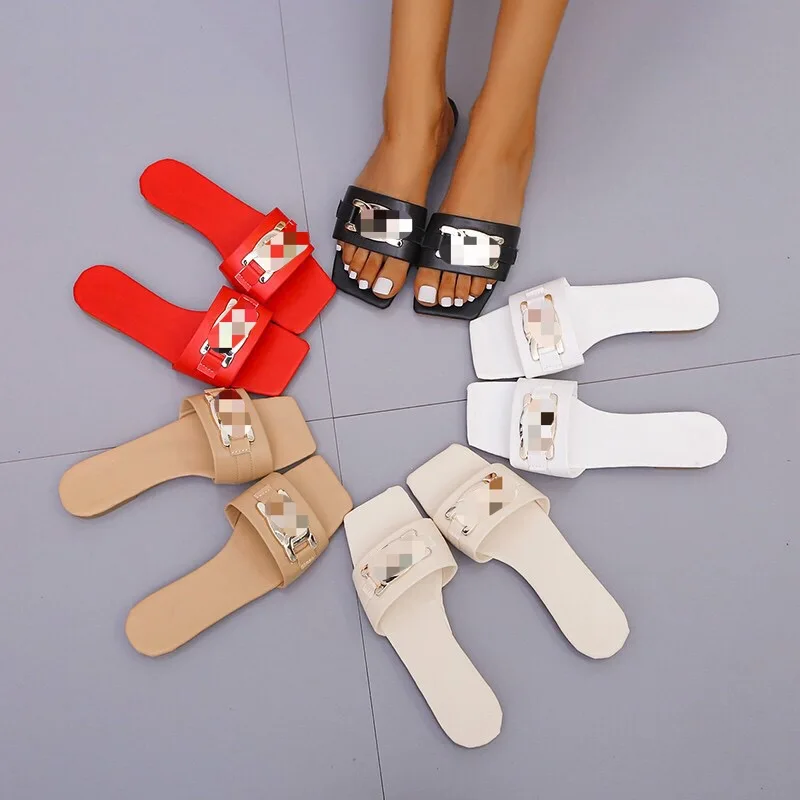 

2022 African & American new arrivals leisure flat sandals women fashion square mouth solid color summer outdoor slippers, Black, white, red, beige, nude