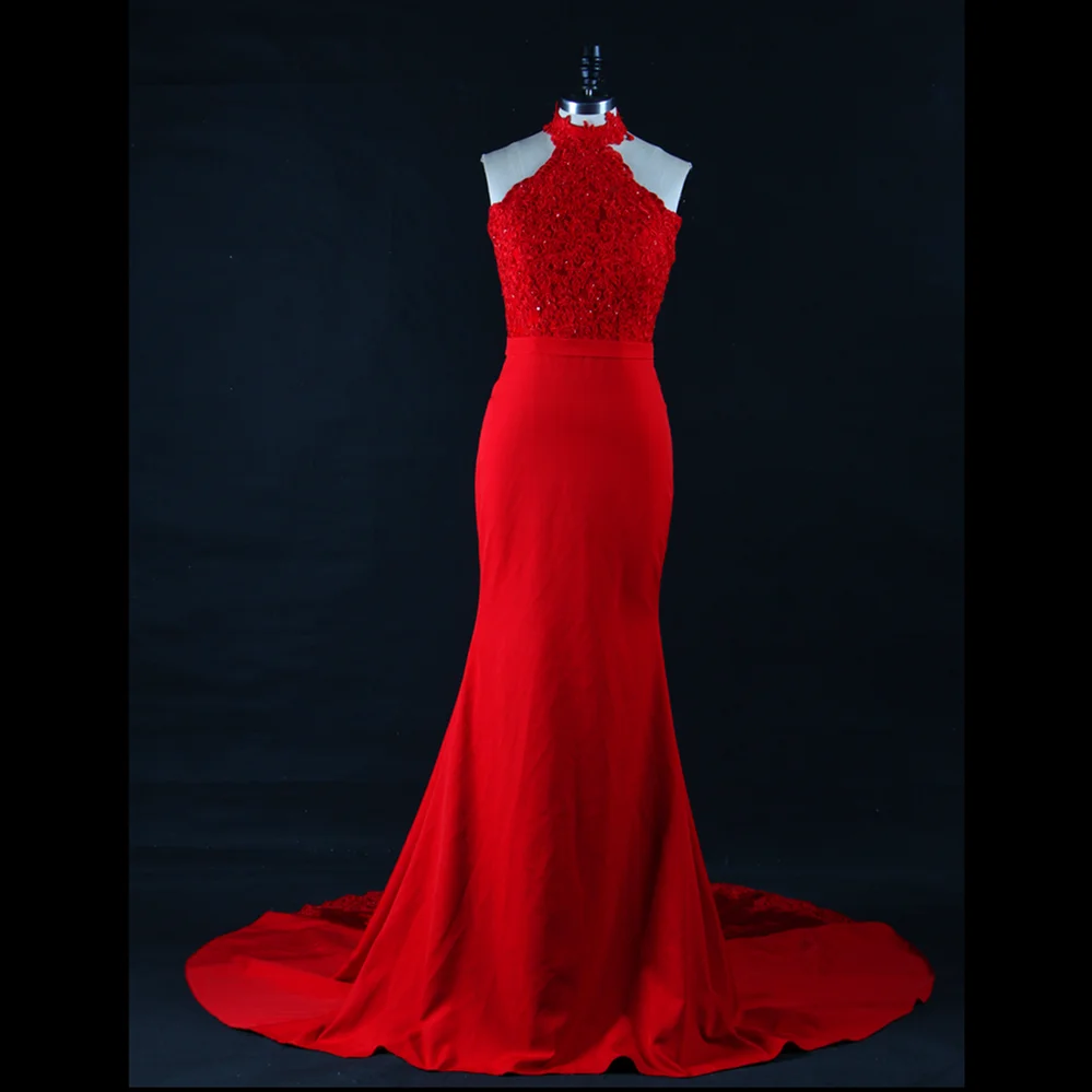

Cheap High Quality Lace Party Gown robe de bal vestidos de gala Scoop Neck Red Lace Prom Dress
