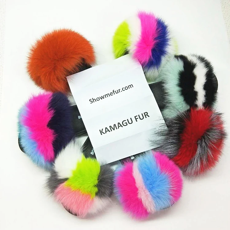 

Custom logo indoor real fur slides sandal colorful 100% fluffy fox raccoon fur slipper for women