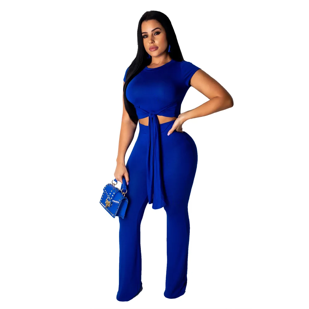 
YHYM8361 fashion short sleeve crop top and wide leg pants women matching two piece set 