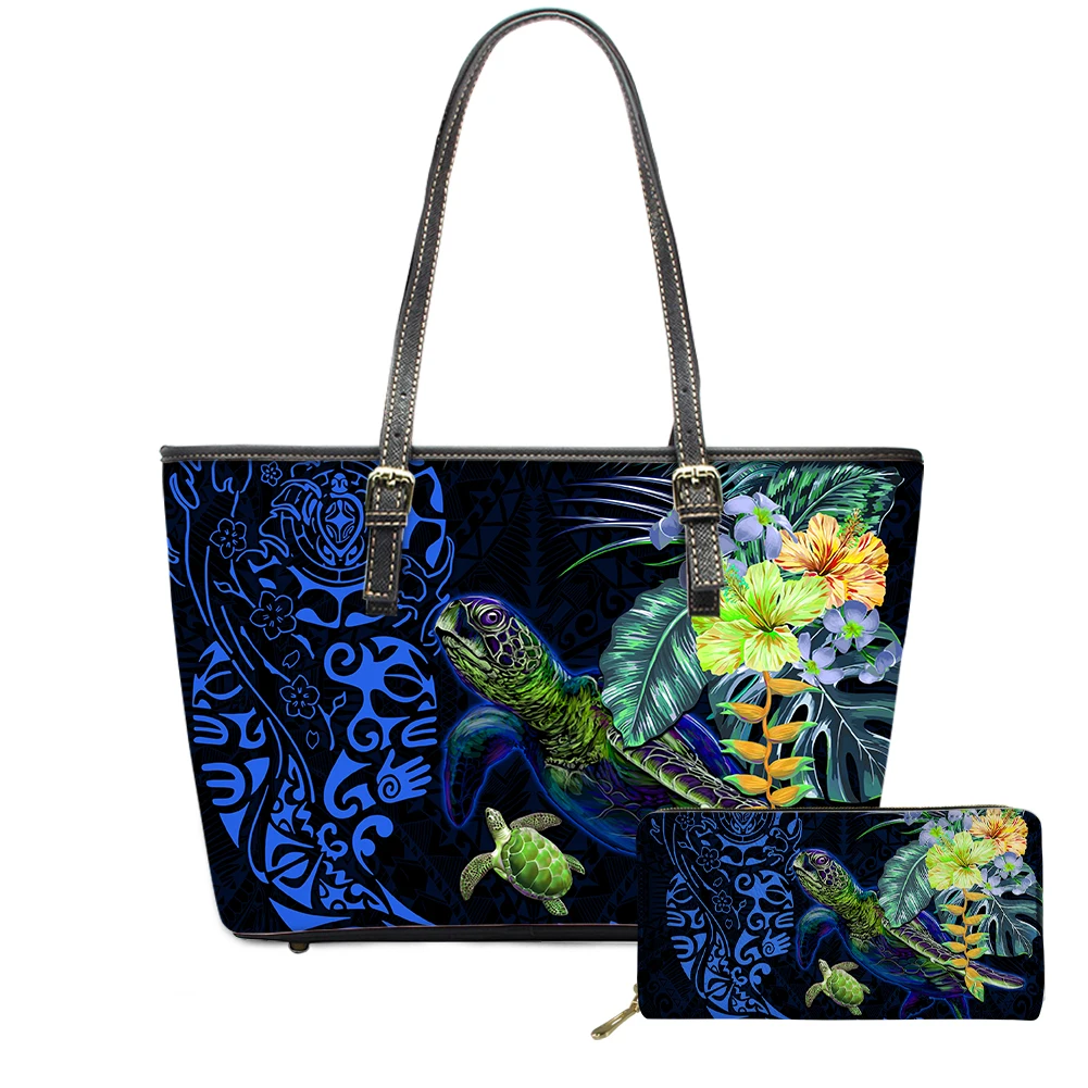 

Hawaii Flower Tribal Sea Turtle Print Pu Leather Handbag for Women Large Capacity Polynesian Shoulder Bags Famous Brand Tote Bag