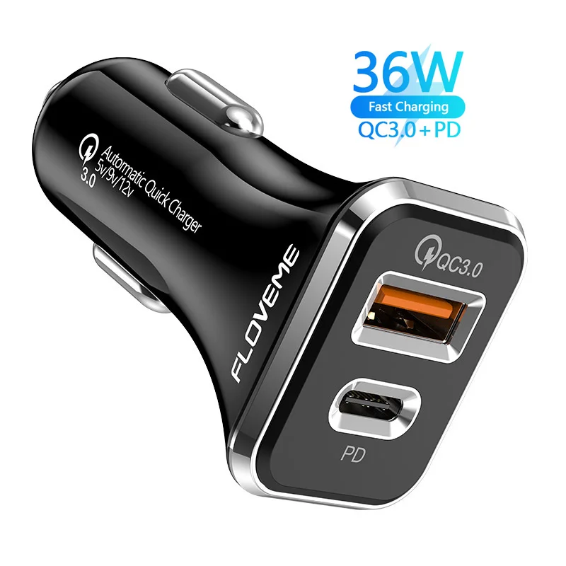 

Free Shipping 1 Sample OK FLOVEME QC3.0 Fast Mobile Charge Dual USB Ports Car Charger 36W PD Car Charger for iphone 12