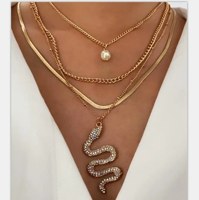 

Newest Design Gold Plated Multiple Chain Crystal Snake Pendant Layered Necklace for Women Jewelry
