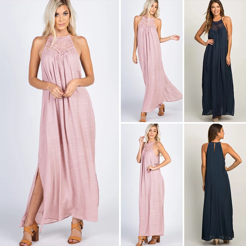 

summer loose dresses Women halter neck crochet hollow out dress loose one-piece sleeveless casual loose maxi dress