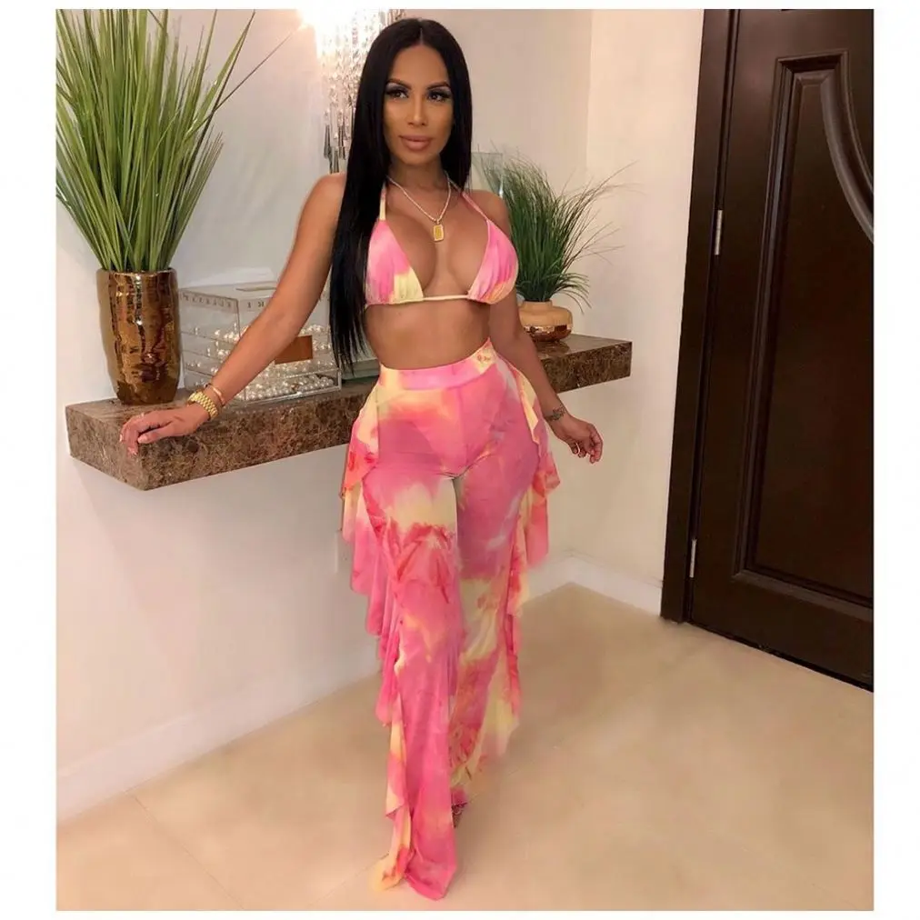 

Mature Women's digital print mesh three-piece set swimsuit sexy swimwear 2020