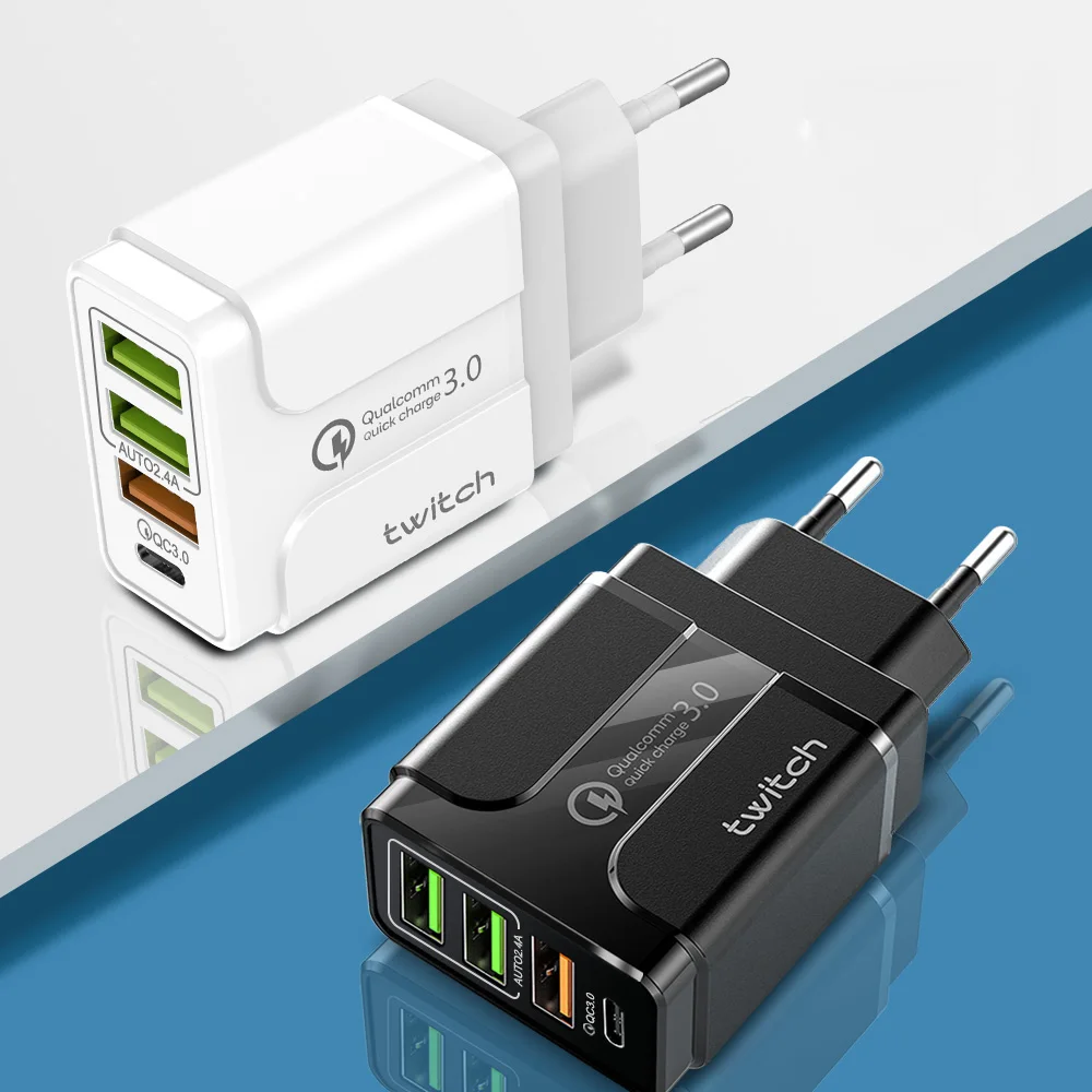 

2021 oem phone universal plug uk 36w pd qc3.0 4 port travel quick usb c multi wall charger type c fast adapter 3.1a, Black / white