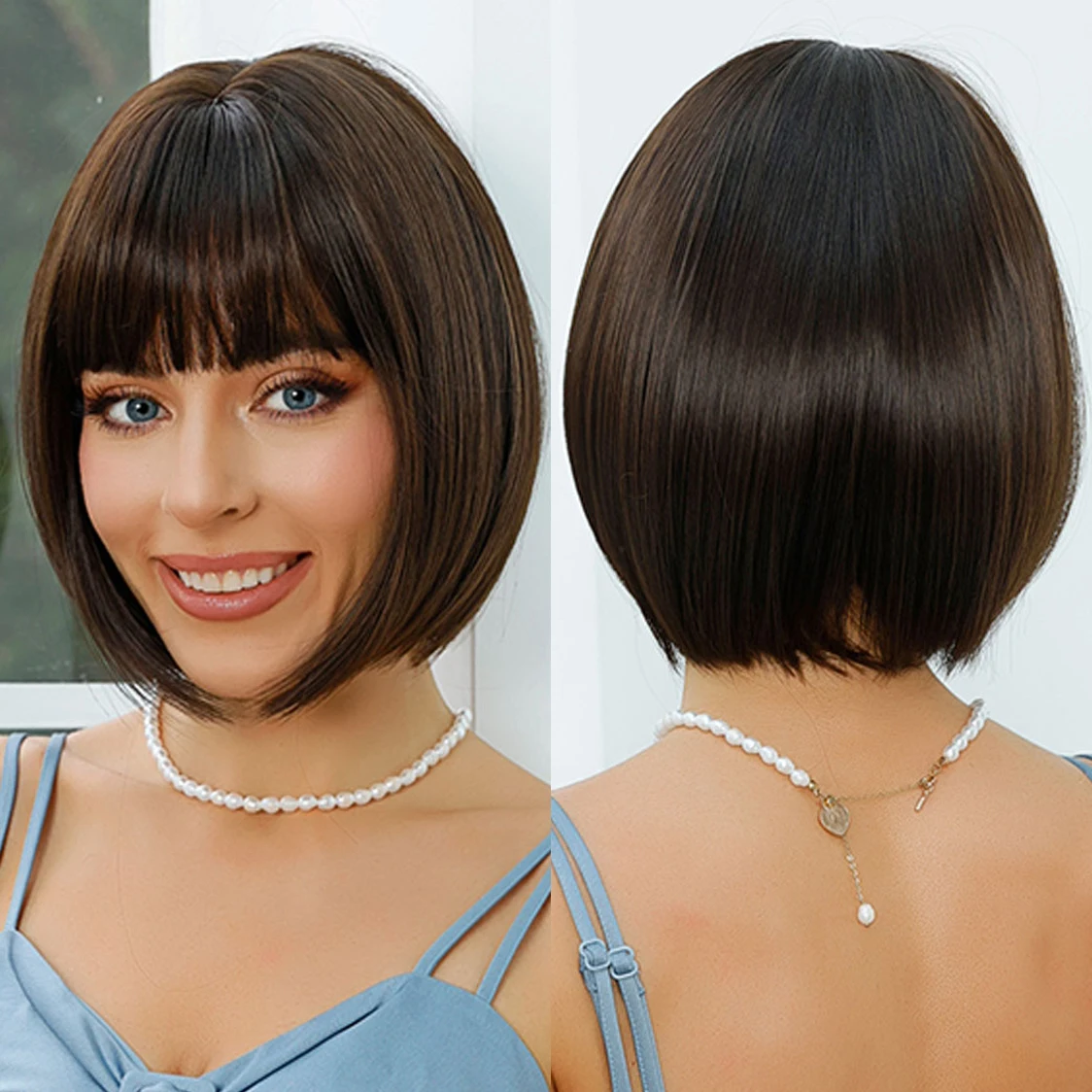 Factory Wholesale Dark Brown Pure Ribbon Bang Bob Synthetic Wig Short Straight Multi-Layer Natural Durable Matte Real Photo