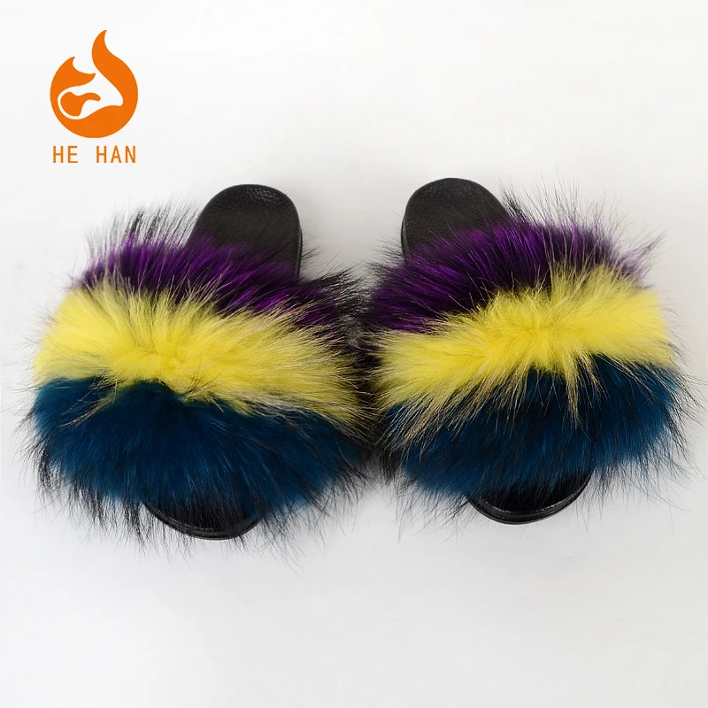 

colorful long hair fluffy raccoon and fox fur slippers indoor fur slides for women