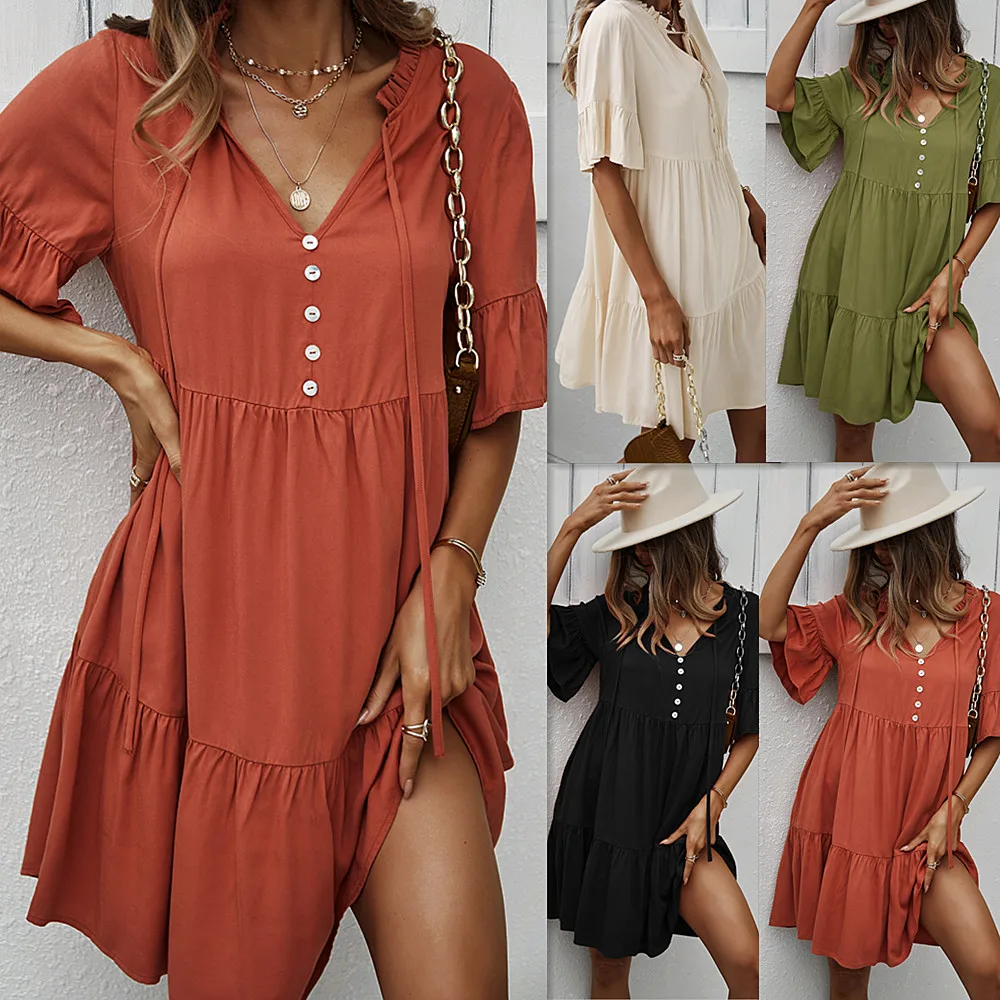 

Factory Summer Fashion V-neck Button Versatile Short Women Dress, Picture color