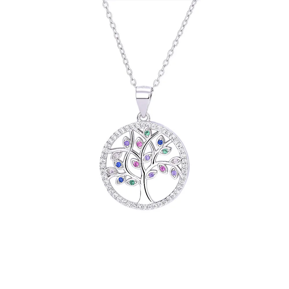 

Women Fashion Jewelry Hotsale 925 Sterling Silver Tree of Life Pendant Necklaces Mix Color CZ Round Tree Necklace Brincos, Picture