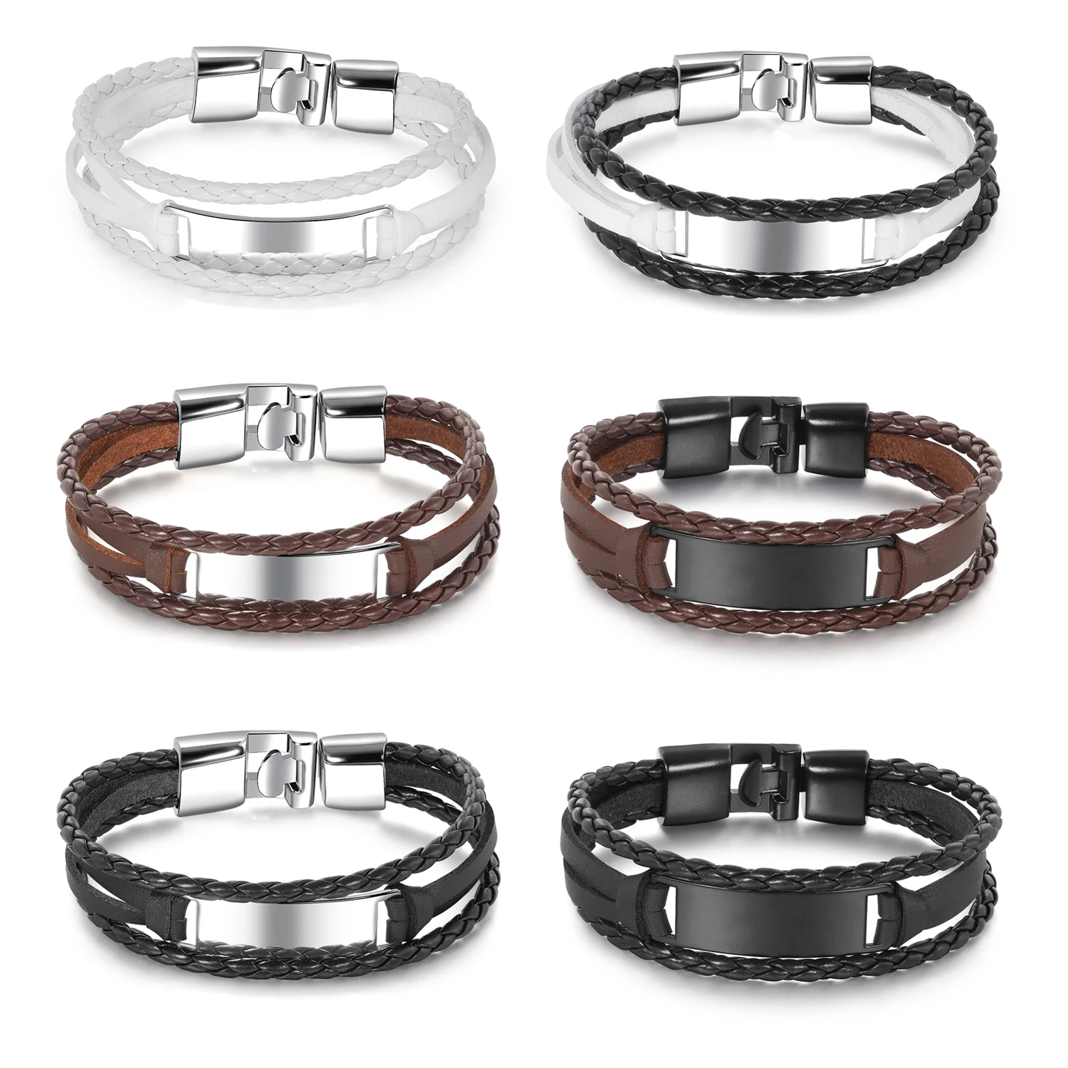 

Fashion Jewelry Custom Engraved Logo Stainless Steel Bar Black Men Leather Bracelet