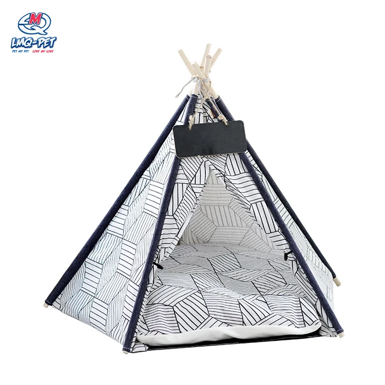 

Rhombus Printed Cat Dog Teepee Tent Portable Pet Tent for Dog Bed Fashion Canvas Pet Tent House, White