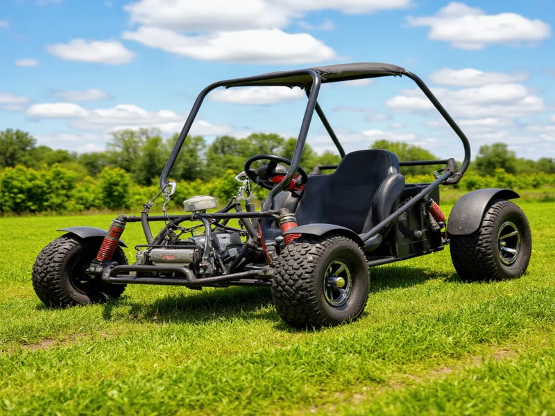 Testing homemade go kart on grassy terrain
