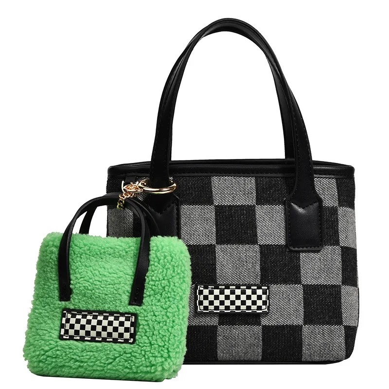 

Autumn and winter small handbag women's INS canvas cross-body bag 2021 new design portable plaid bucket bag, 2 colors
