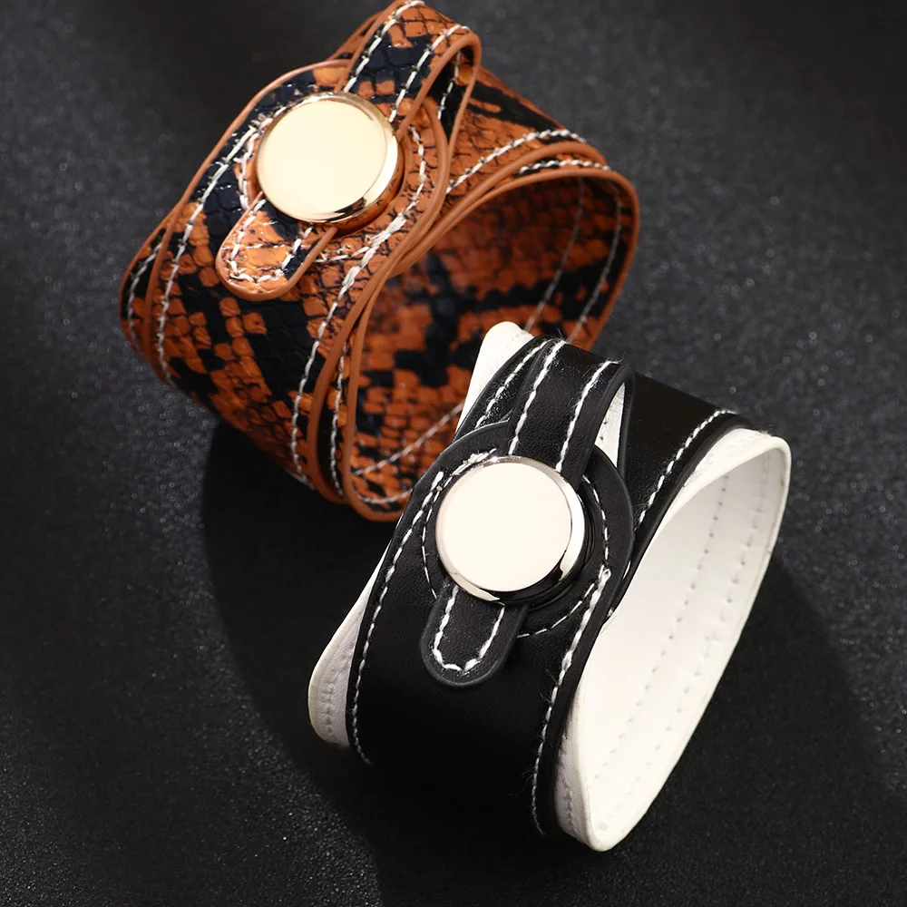

High Quality Hip Hop PU Leather Snake Print Wide Wrapped Leather Alloy Orange Bracelet For Women