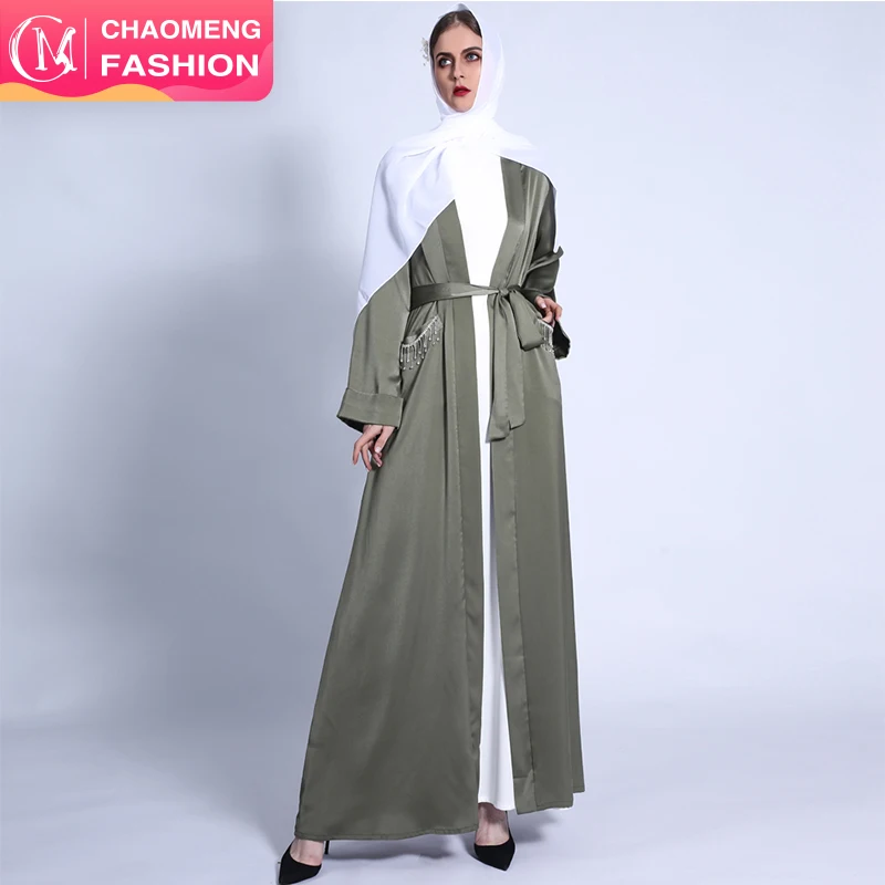 

1303# High Quality Polyester Open Abaya Muslim Modest Kimono Dress With Diamond Tassel Pockets Middle East Islamic Clothing, Army green,khaki,black,dark gray,light gray