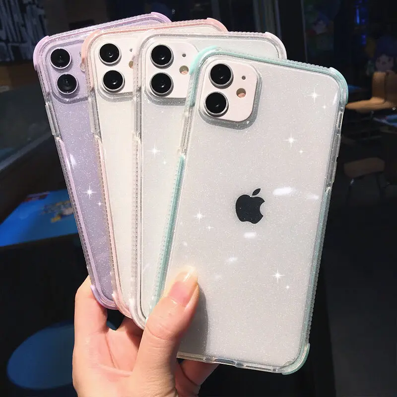 

Glitter Transparent Phone Case For iPhone 12 11Pro Max XR XS Max X 7 8 Plus 11 Pro SE 2020 Shockproof Bumper Soft TPU Back Cover