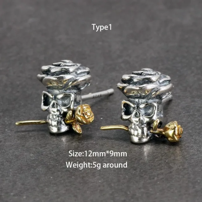 

925 Sterling Silver One-eyed Skull Earrings For Men With Cubic Zircon Stone Punk Rock Studs Earrings Personalized Jewelry