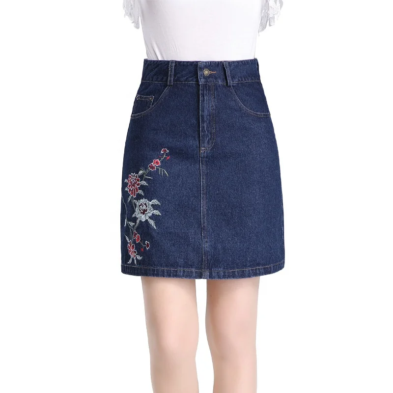 

B60665A The new 2019 vintage denim embroidered A-line skirt casual skirt