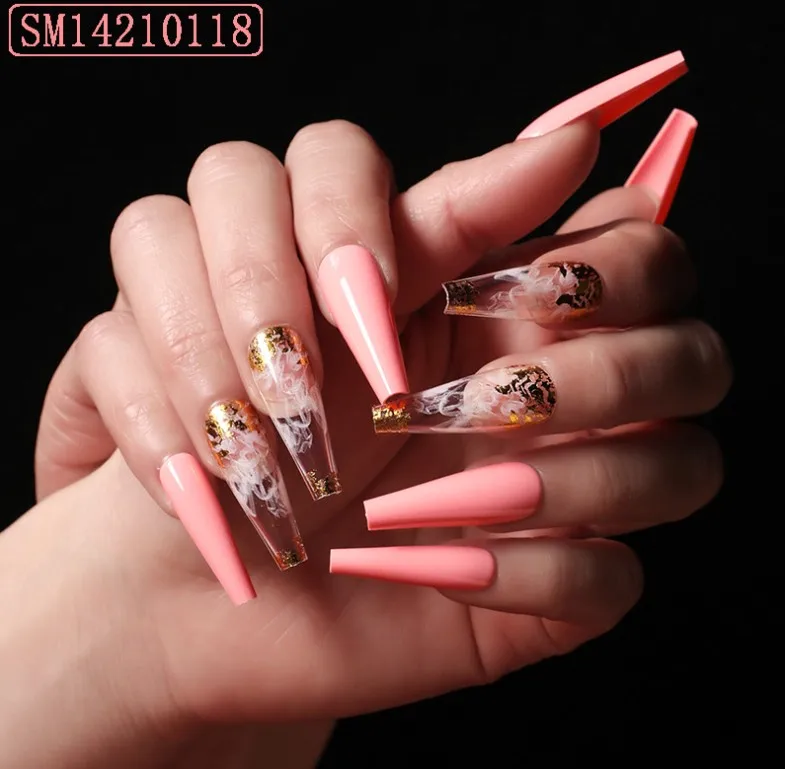 

Hot design pink shine coffin eco-friendly 24pcs fake nails press on nails for lady