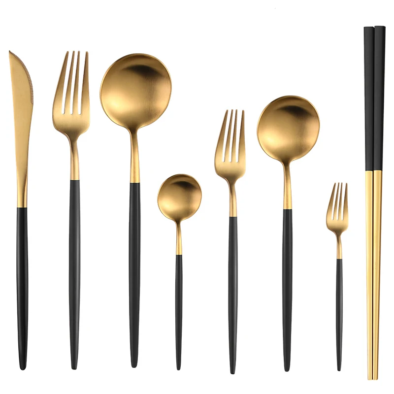 

Hongda D038 High Quality 304 Black And Gold Brushed Golden Coloured Matte Plated Set Wedding Pvd Stainless Steel Cutlery, Silver/gold/black/white/blue/pink/red/rosegold