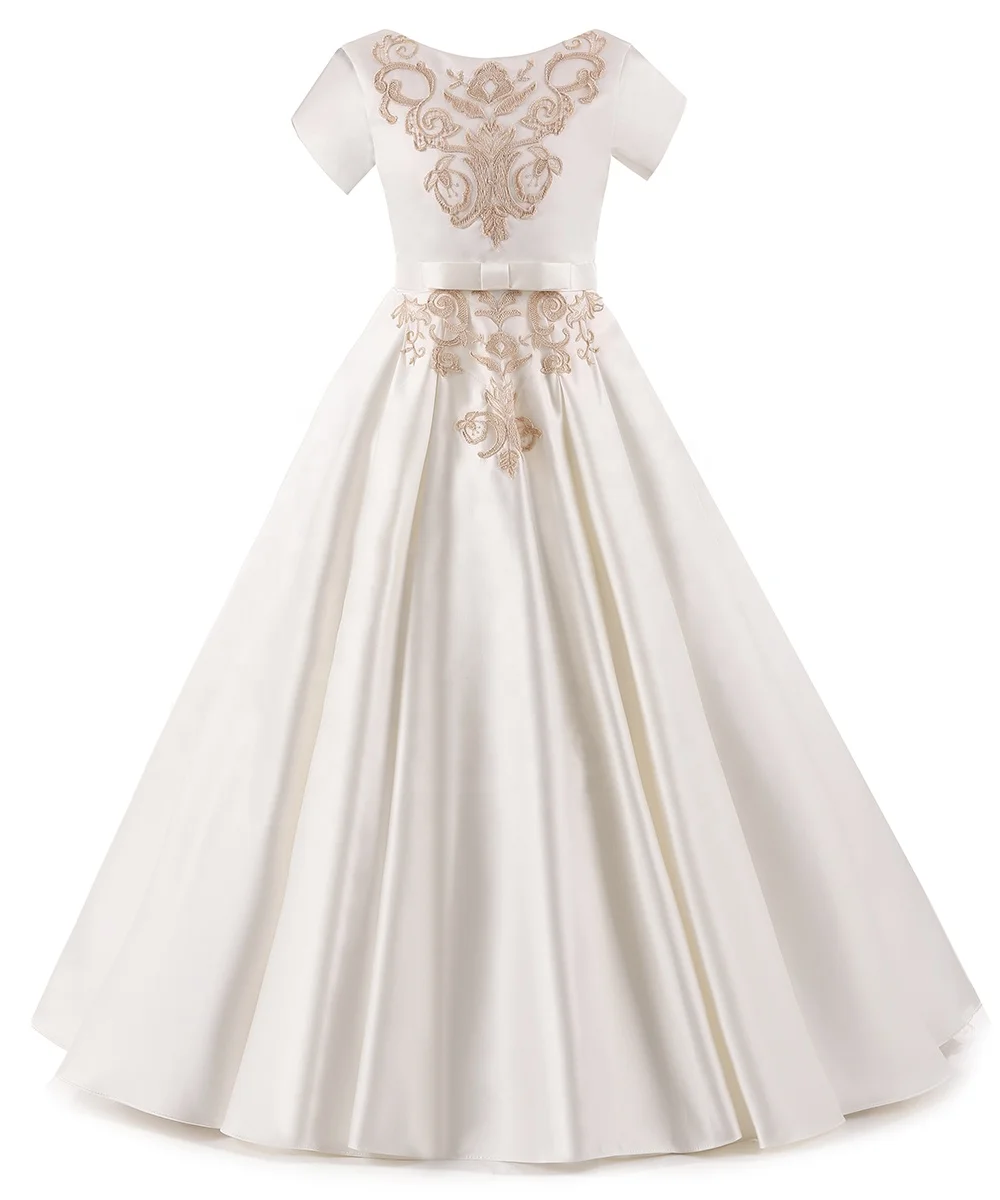 

short sleeves first communion dresses for girls long girls ball gown with bow long flower girls dresses 2-12years, As the picture