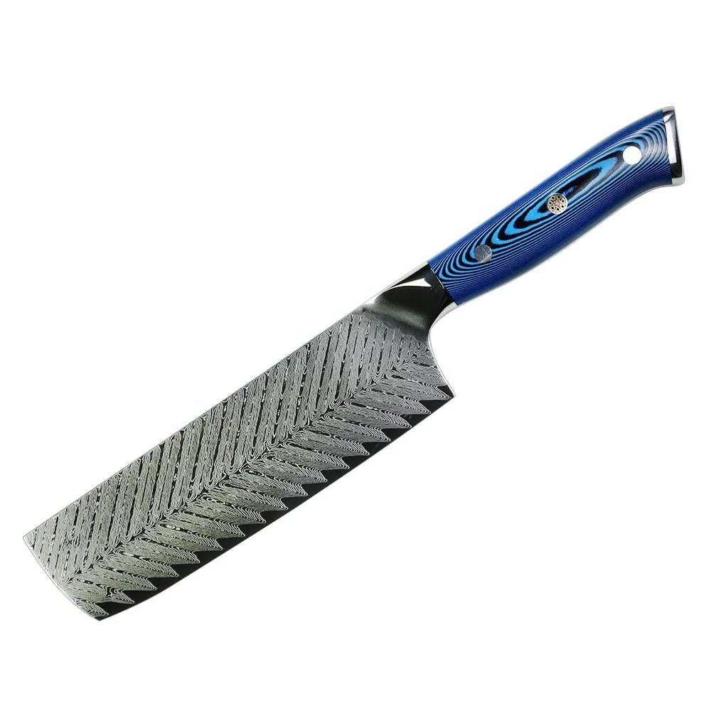 

Yangjiang Amber Blue handle Ladder Pattern AUS10 japanese Damascus nakiri knife
