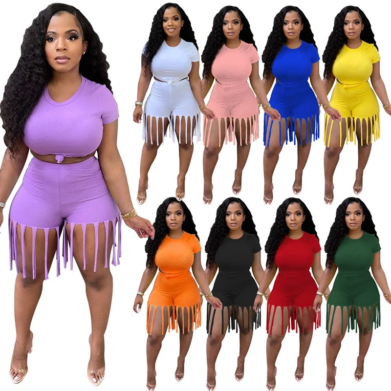 

Plus Size 3XL 4XL 5XL Women's Sets T-shirt And Tassel Shorts Two Piece Set Solid Color 2 Piece Summer Short Set