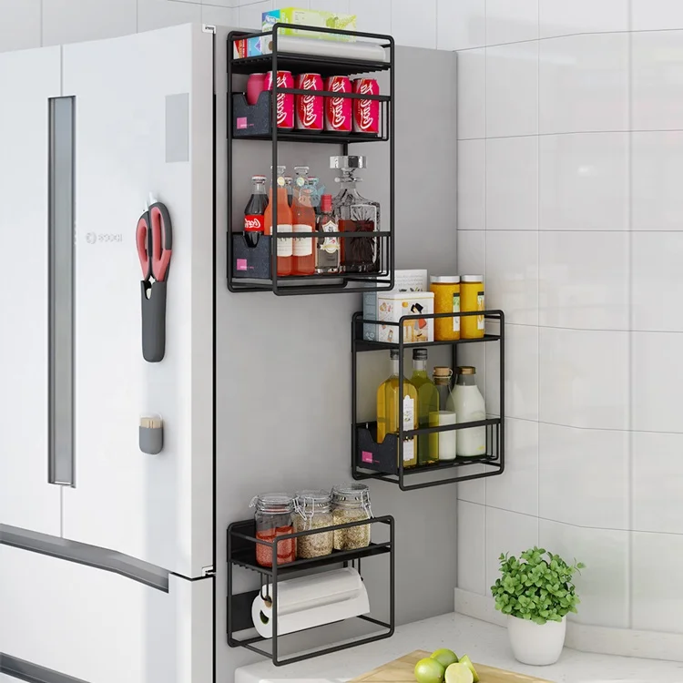 

1-2-3 tier Refrigerator Side Hanger Fridge Organizer Spice Holder Shelf Push-pull Storage Magnetic Kitchen Rack, Black/white