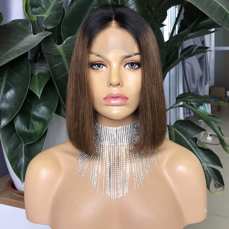 

Joywigs In Stock Human Hair Ombre 30 Bob Wig Front Lace 8 in Black Wig