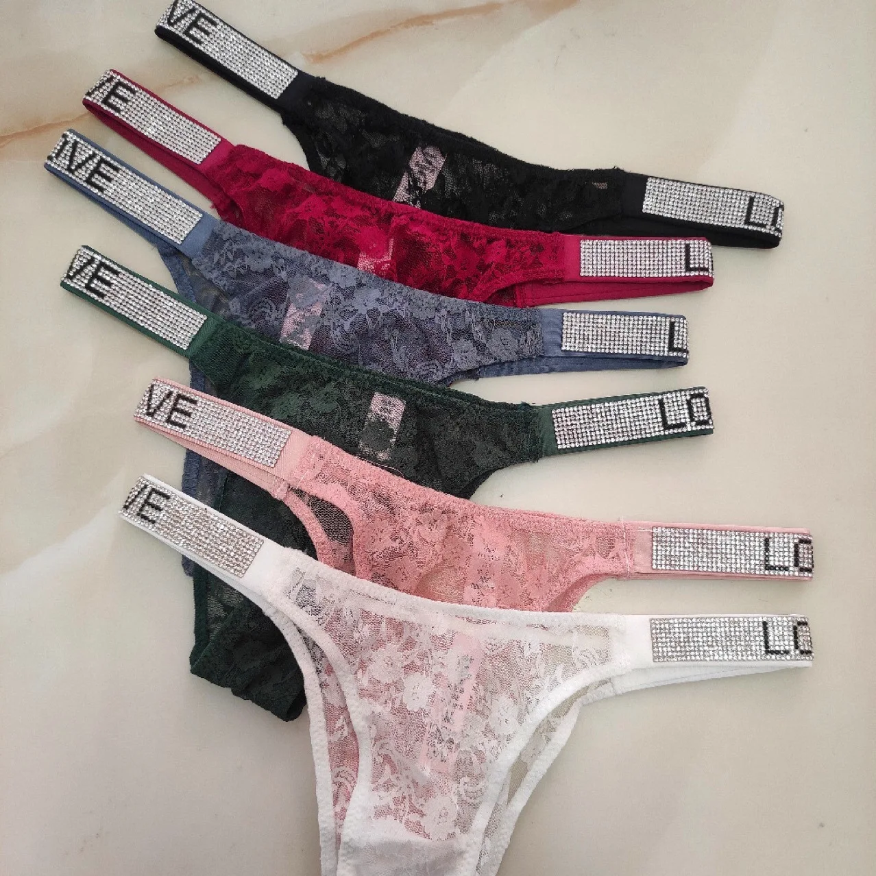 

Sexy Letter Rhinestone Panties Thin Belt Breathable Lace Trim Panty Ladies Thong Lingerie, Picture