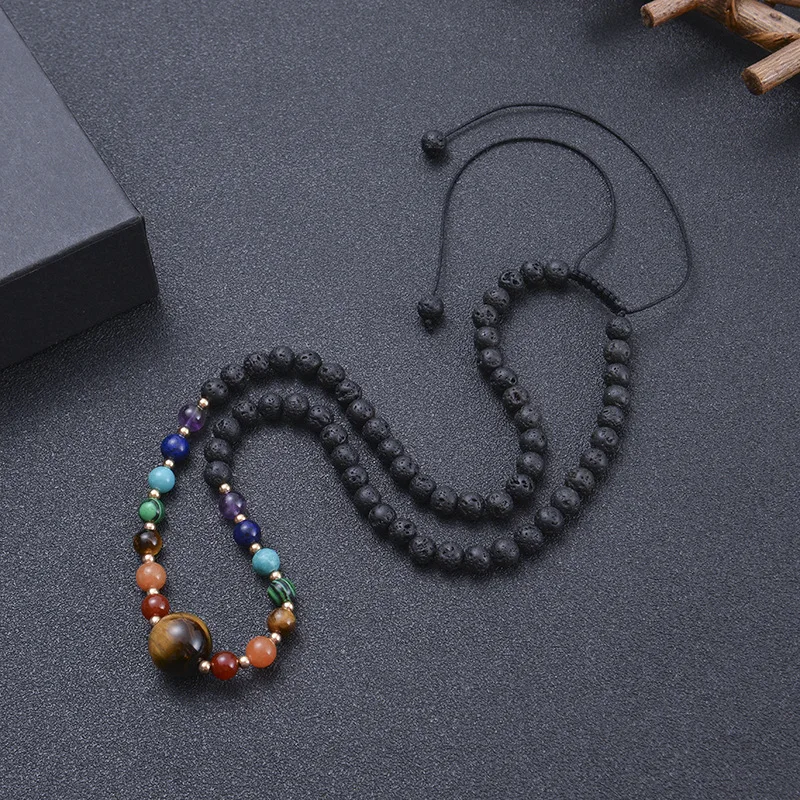 

New Style 6mm Seven Chakra Necklace Natural Volcanic Stone Beaded Tassel Necklace For Women, Natural color