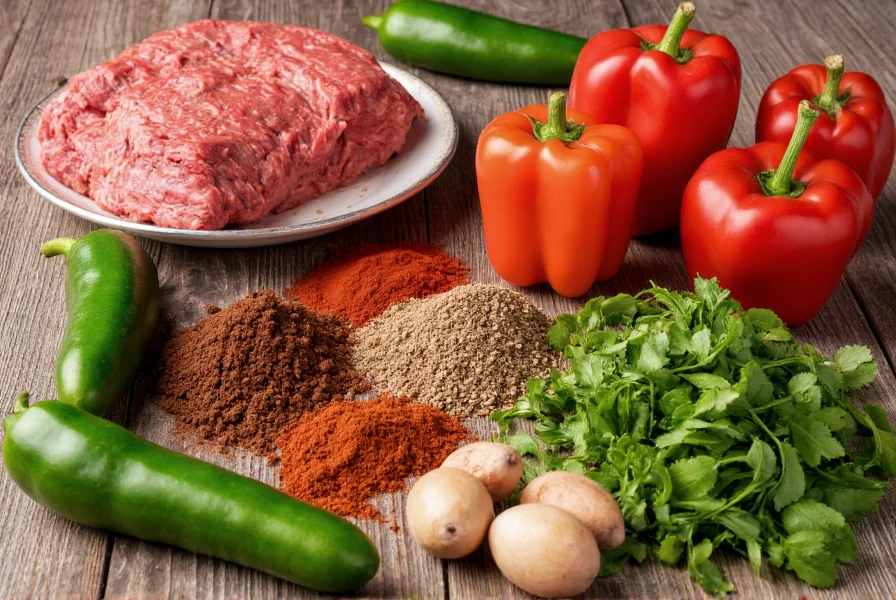 Various chili ingredients including ground beef, cocoa powder, spices, and vegetables arranged on a wooden table