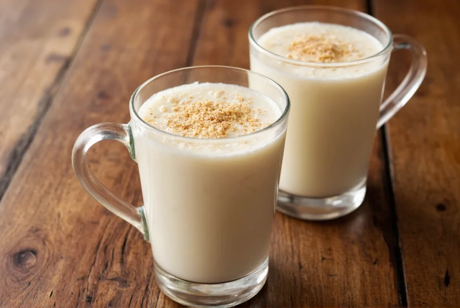 Glass mugs of creamy eggnog topped with fresh nutmeg shavings on a rustic wooden table