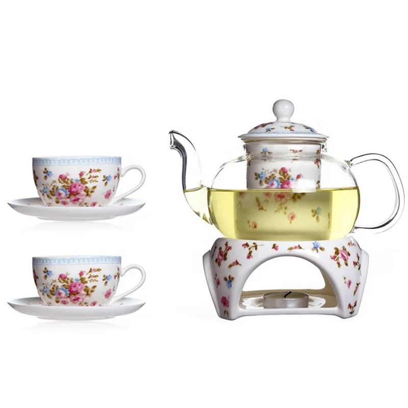 

Hot Sale Heat Resistant Loose Leaf Tea With Warmer Borosilicate Glass Ceramic Teapot Set, Other