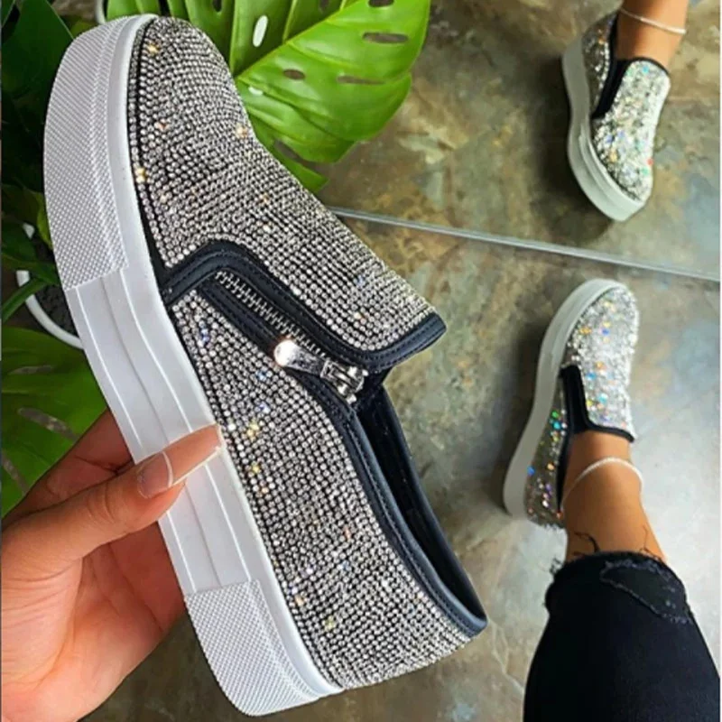 

Woman Sneakers Platform Vulcanized Women Bling Crystal Loafers Autumn Women's Casual Flats Female Zip Sport Shoes R1624