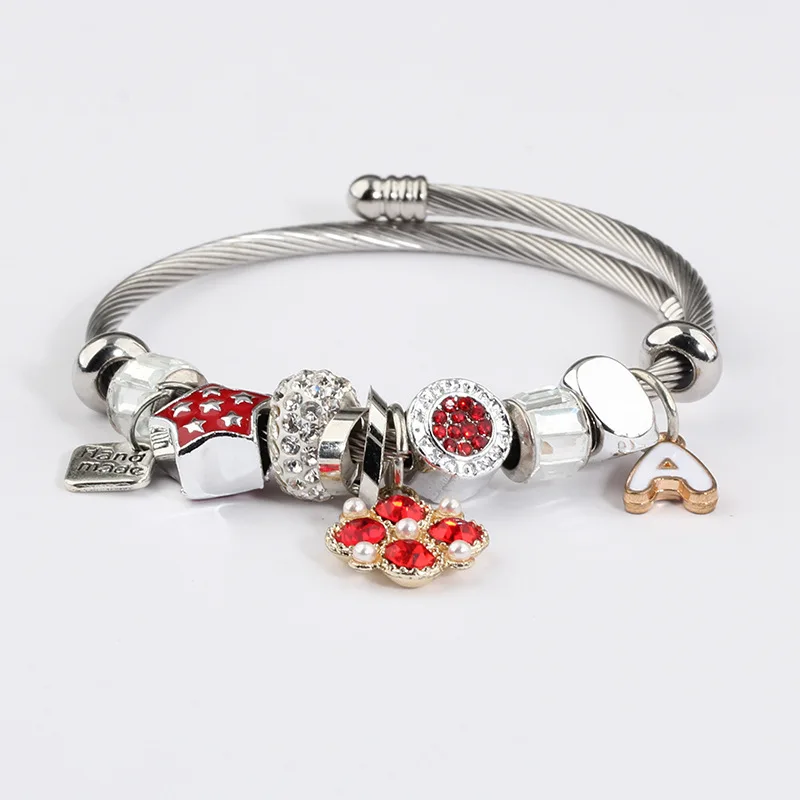 

Jewelry Letter A Star Charms Beads Stainless Steel Wire Jewelry Bangle Bracelet For Women