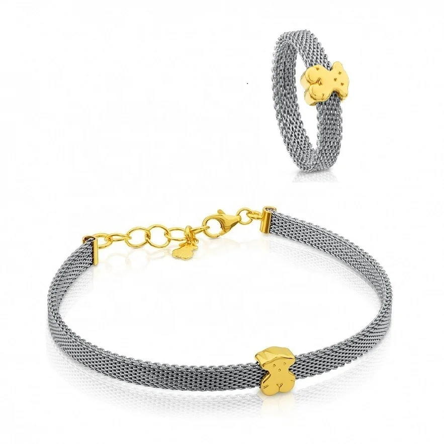 

Steel mesh bracelet and 18 k yellow gold pattern match ring combination Spanish touses jewelry set