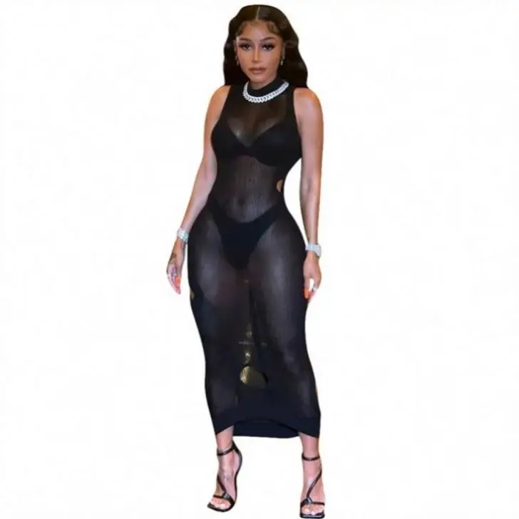 

MISS New Arrival Summer Black Dress Fashion Sexy Hollow Out Mesh Sleeveless Nigh Club Wear Transparent Dress