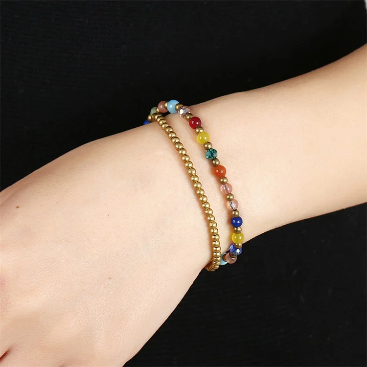 

2021 New Girl Bracelet Simple Crystal Turquoise Copper Bead Bracelet Retro Hand Woven Double Bracelet